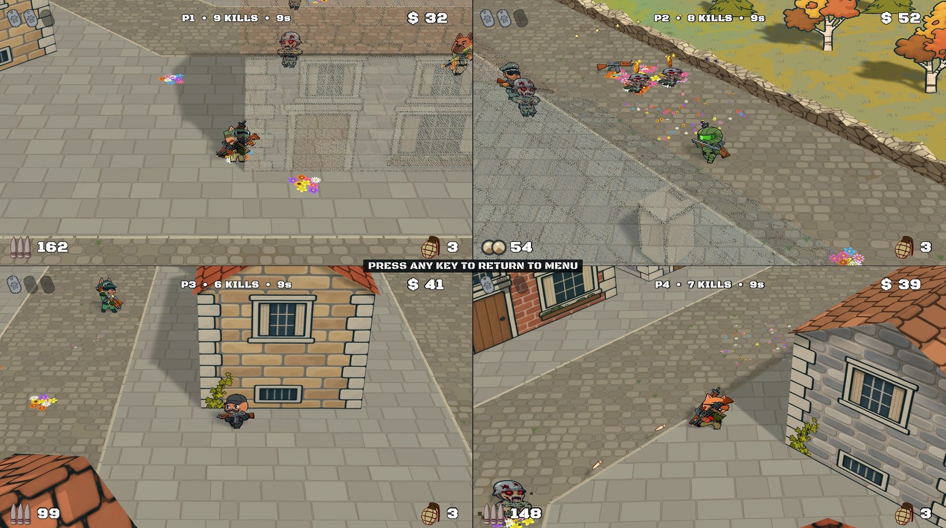 Four players in split screen battling through a town