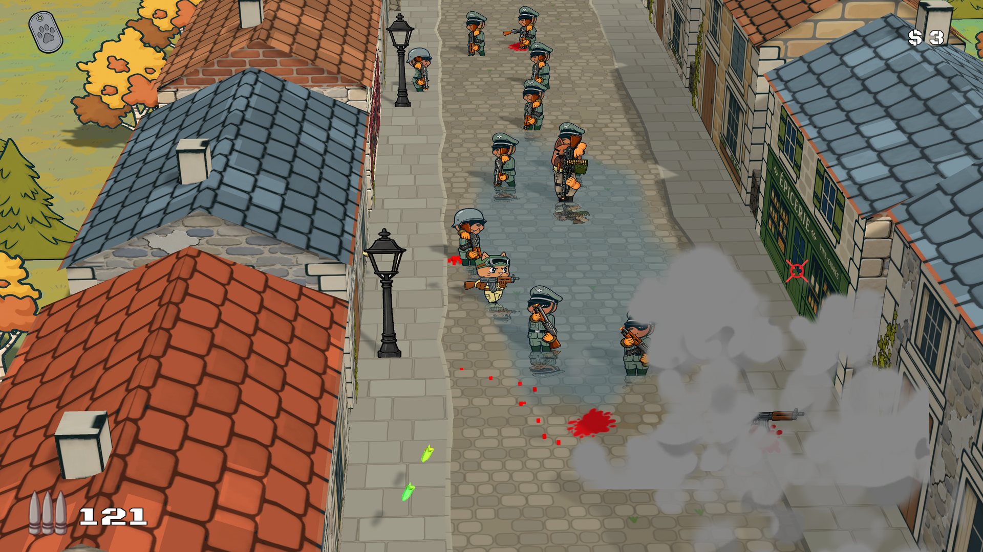 Joe fighting a column of enemy soldiers in an occupied town
