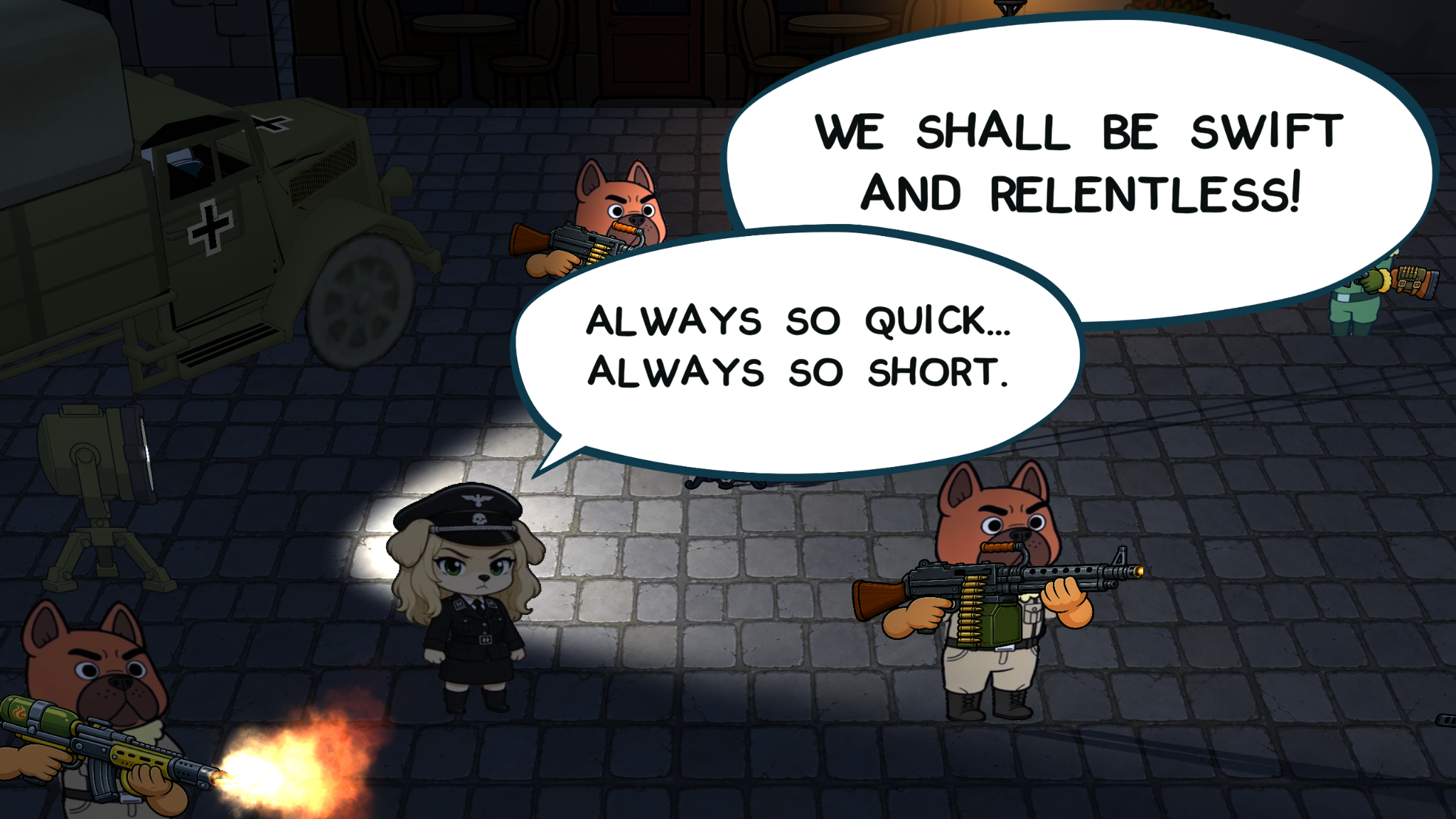 Enemy troops, a military truck and robot in a night battle, with the dialogue: We shall be swift and relentless! Always so quick... Always so short.