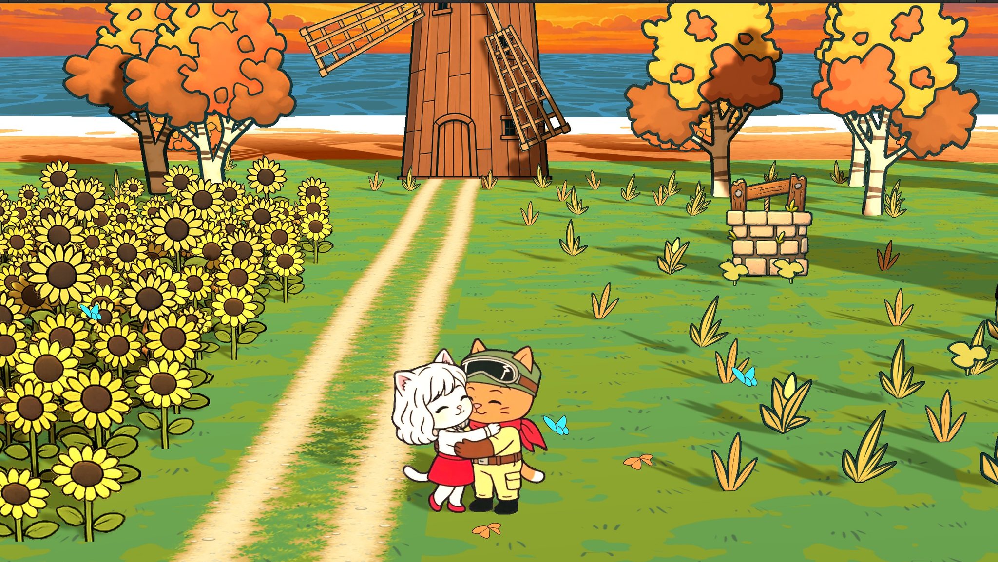 Joe and his partner embracing beside a windmill and sunflowers at sunset